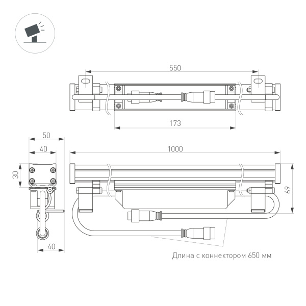 Линейный прожектор AR-LINE-1000-24W Warm3000 (GR, 30 deg, 230V) (Arlight, IP65 Металл, 3 года)