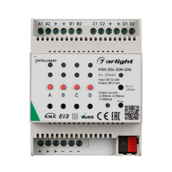 INTELLIGENT ARLIGHT Диммер KNX-204-DIM-DIN (12-48V, 8x0.35/4x0.7/2x1A) (IARL, IP20 Пластик, 2 года)