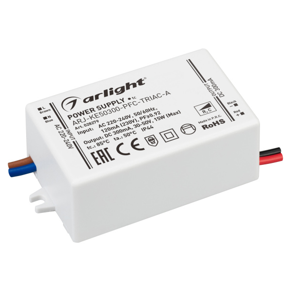 Блок питания ARJ-KE50300-PFC-TRIAC-A (15W, 300mA) (Arlight, IP44 Пластик, 5 лет)