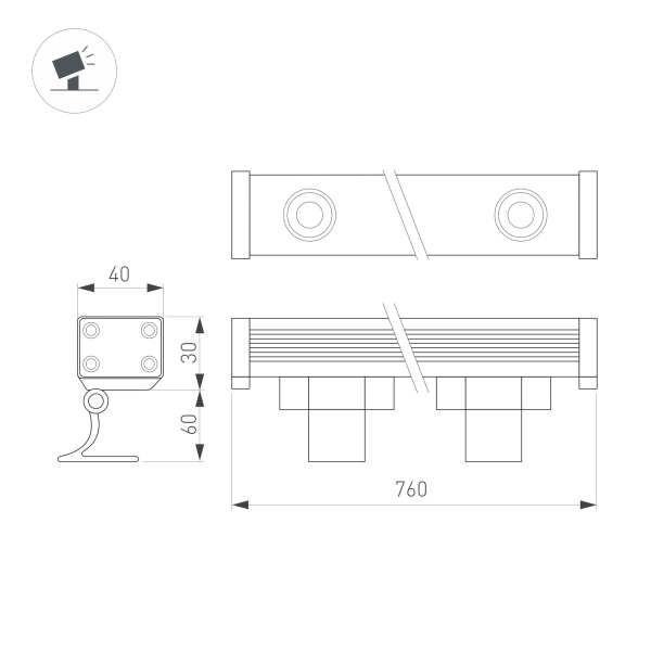 Линейный прожектор AR-LINE-760-18W Warm2700 (GR, 30 deg, 230V) (Arlight, IP65 Металл, 3 года)