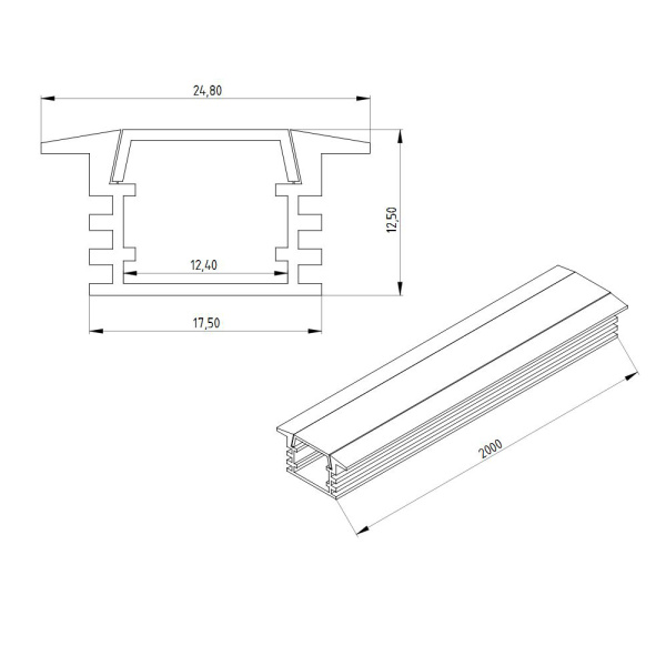 Алюминиевый профиль врезной 780 (2000x24.8/17.5x12.5мм с рассеивателем)