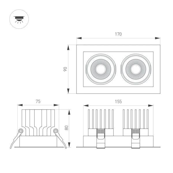 Светильник MS-VORTEX-BUILT-S170x90-2x12W Warm3000 (BK-BK, 20 deg, 230V) (Arlight, IP20 Металл, 5 лет)