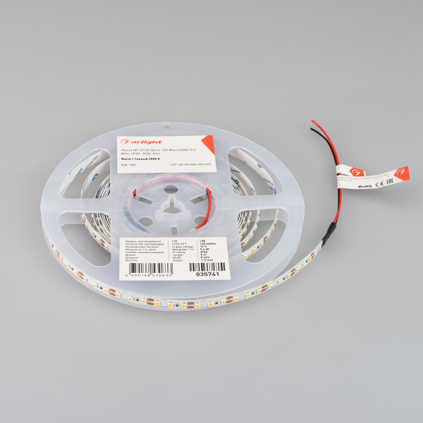 Лента NT-A120-8mm 12V Warm3000 (9.6 W/m, IP20, 3528, 5m) (Arlight, 9.6 Вт/м, IP20)