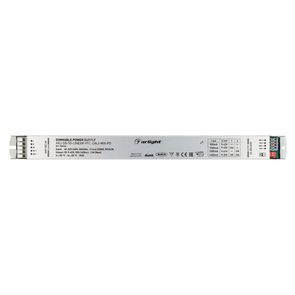 Блок питания ARJ-SN-50-LINEAR-PFC-DALI-MIX-PD (50W, 9-42V, 0.9-1.4А) (Arlight, IP20 Металл, 3 года)