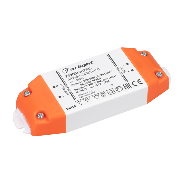 Блок питания ARV-SP-24030-PFC (24V, 1.25A, 30W) (Arlight, IP20 Пластик, 5 лет)