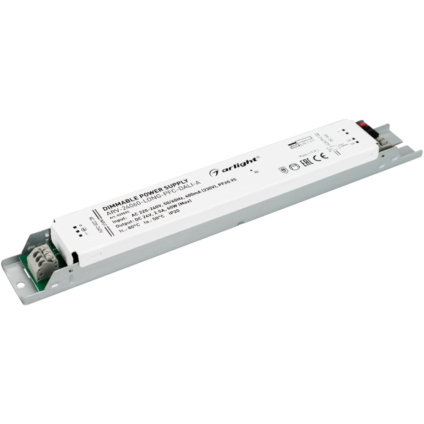 Блок питания ARV-24060-LONG-PFC-DALI-A (24V, 2.5A, 60W) (Arlight, IP20 Металл, 5 лет)