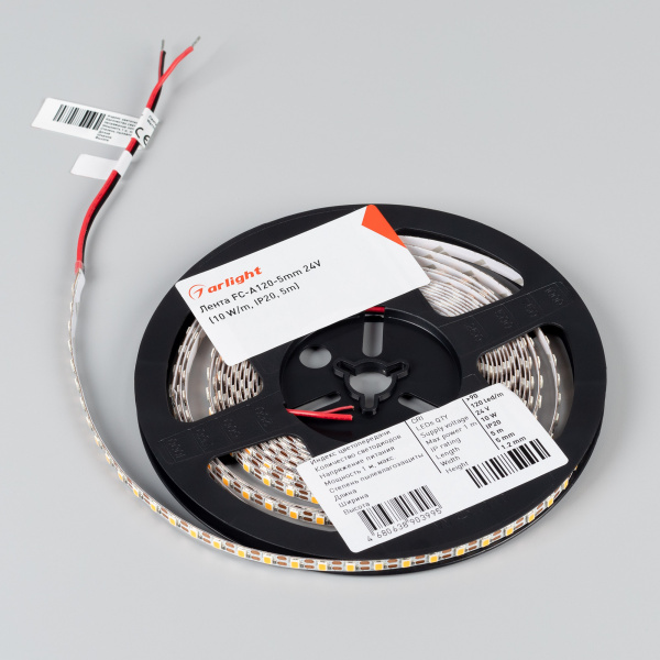 Лента FC-A120-5mm 24V Warm3000-CX1 (10 W/m, IP20, 5m) (Arlight, резка 1 светодиод)