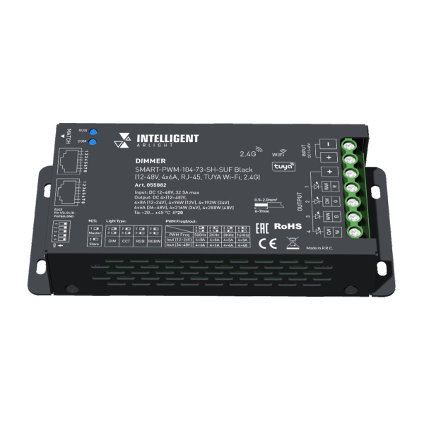INTELLIGENT ARLIGHT Диммер SMART-PWM-104-73-SH-SUF Black (12-48V, 4x6A, RJ-45, TUYA Wi-Fi, 2.4G) (IARL, IP20 Металл, 5 лет)